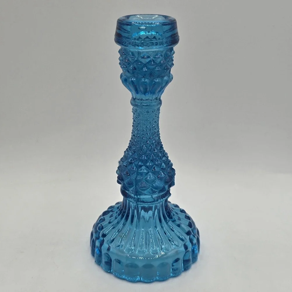 Blue Diamond Point Cut Taper Candle Holder Hobnail Vtg Cottagecore